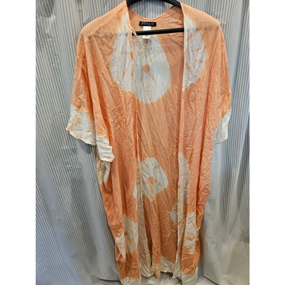 VENUS Tie Dye Kimono Cover Up Orange Peach White Medallion Long Duster One Size